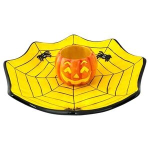 Dennis East Halloween Jack-o-Lantern Spiderweb Candy Dish‎ Chip & Dip Bowl 2005